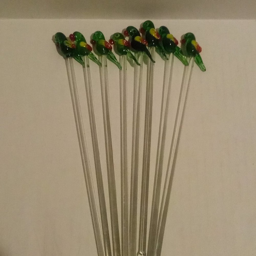 Vintage Hand Blown Art Glass Parrot Swizzle Sticks